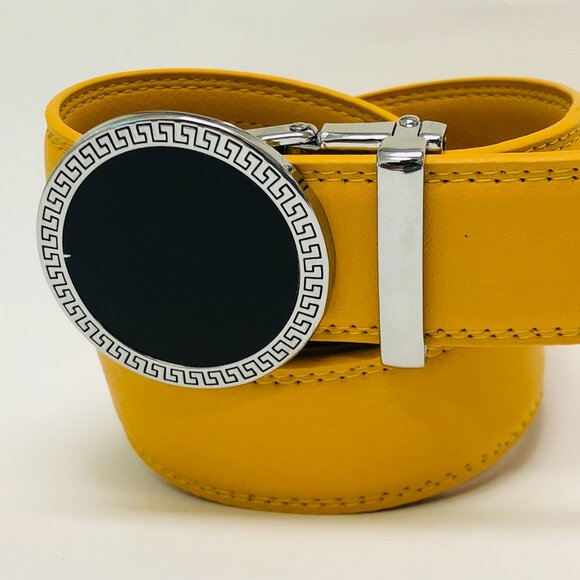 Mustard Yellow Belt Men's Leather Ratchet Belt with Automatic Buckle Adjustable - Picture 2 of 3